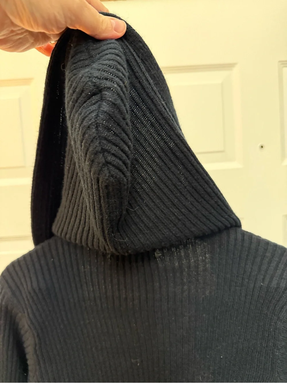 Classic Black Hooded Rib-Knit Cardigan Sweater missing belt and loop broken - Picture 5 of 8